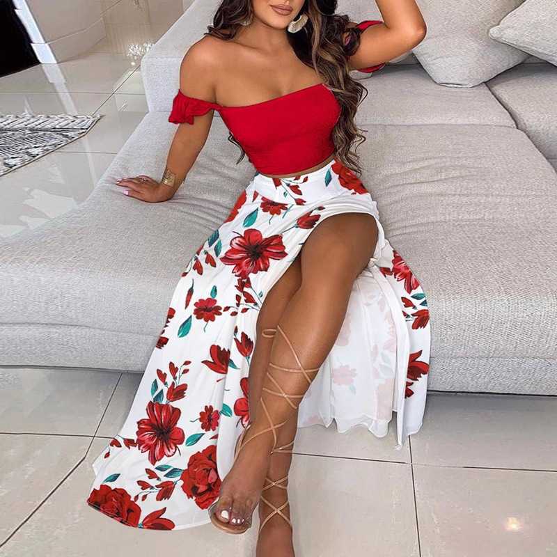 WAYOFLOVE Off Shoulder White Dress Sets Party Elegant Long Dress Sets Women Plus Size Top And Skirt Suit Sexy Two Piece Set 210602