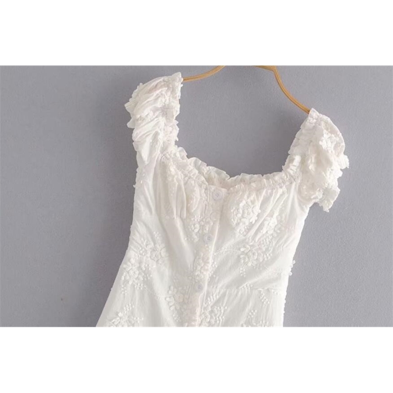 Vintage France style White 3D Embroidery Flower Women Dress Holiday Wood ears Ruffles Short Sleeve Tea Dresses 210429