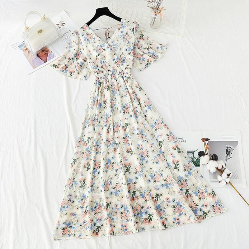 Summer Dress Women's Short sleeve Chiffon Dress V-neck Elastic Waist Floral Print Beach Long Dresses Backless Sexy Vestidos 210521