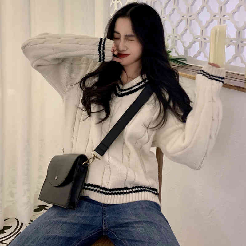 Autumn Winter korean style knitted Sweaters Womens Loose V neck Striped Sweater and Pullovers female (C8592) 210423