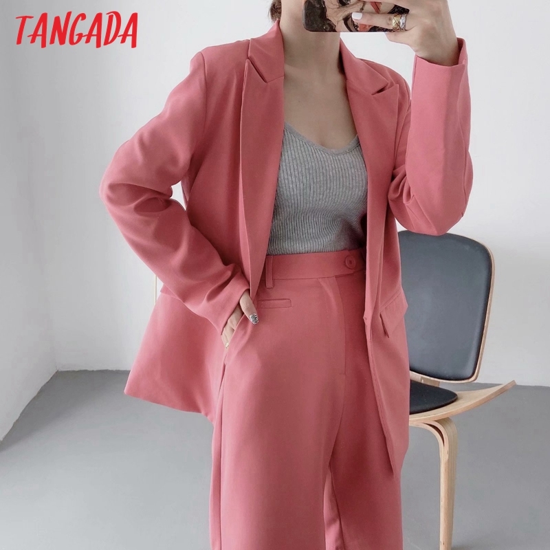 Women Pink Blazer Coat One Button Notched Collar Pocket Fashion Female Casual Chic Tops DA76 210416
