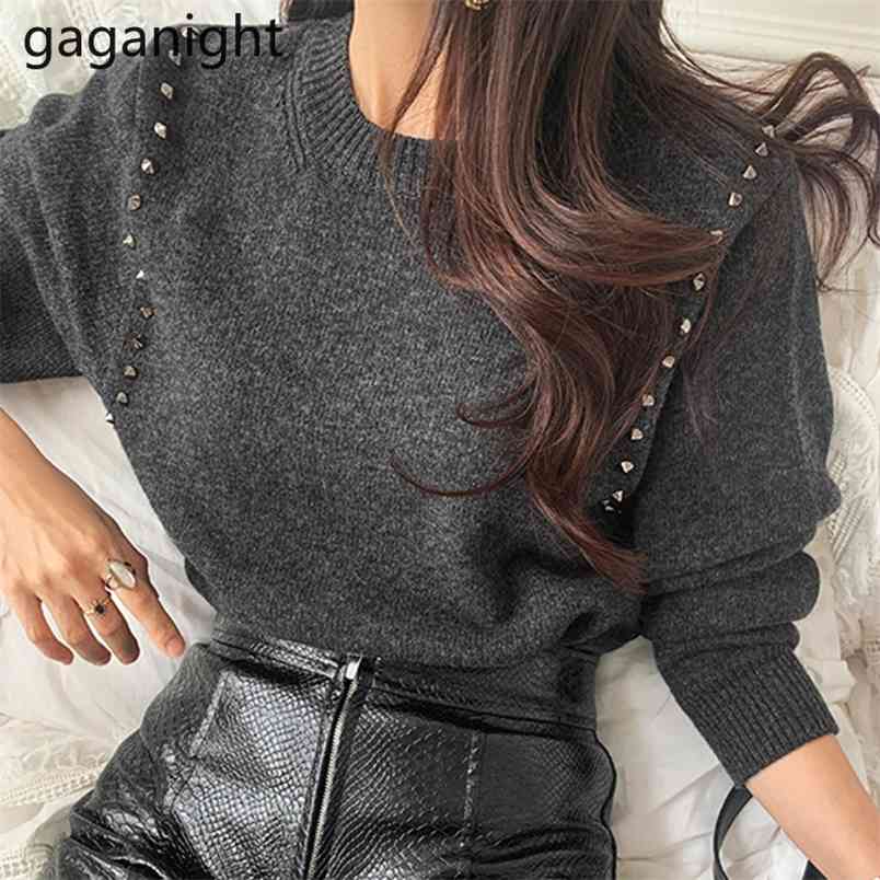 Chic Vintage Rivet Women Sweater Winter Thick ONeck Pullovers Korean Long SleeveKnited Sweaters Casual Loose Tops 210601