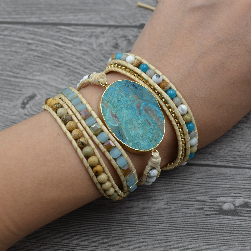 Women Leather Beaded Bracelet Ocean Stone Bead Strand Bohemian Wrap Turquoise Jasper Bangle Multilayer Jewelry