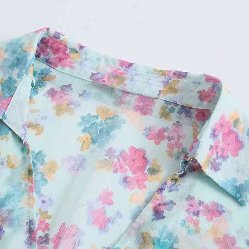 Summer Women Floral Print Cross V Neck Chiffon Short Blouse Female Long Sleeve Shirt Casual Lady Loose Crop Tops Blusas S8956 210430