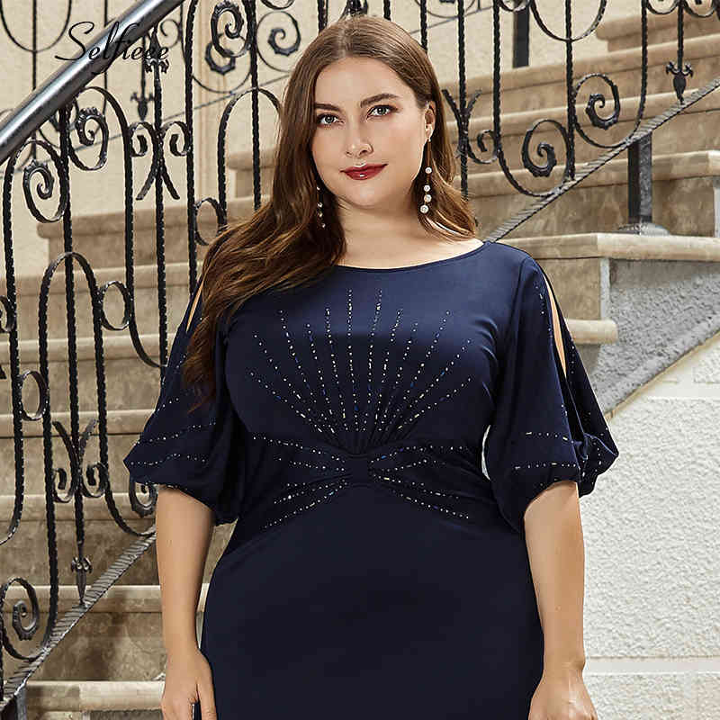 Plus Size Women Dress Mermaid Beaded Half Sleeve O-Neck Bodycon Evening Party Dress Ladies Long Formal Dress Vestido De Festa 210331