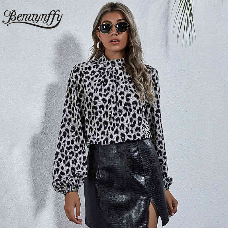 Stand Collar Leopard Print Women Tops and Blouses Spring Lantern Long Sleeve Office Lady Elegant Blouse 210510