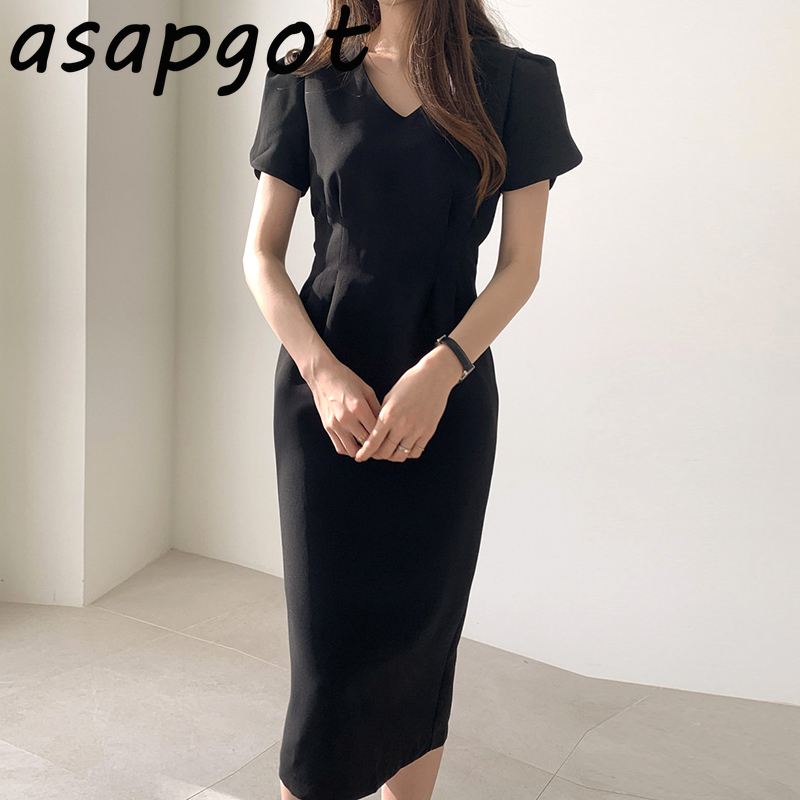 Dresses Elegant Temperament Koeran Chic Office Lady Summer Plus Size Puff Short Sleeve Khaki Dress Slim V Neck Waist Black 210429