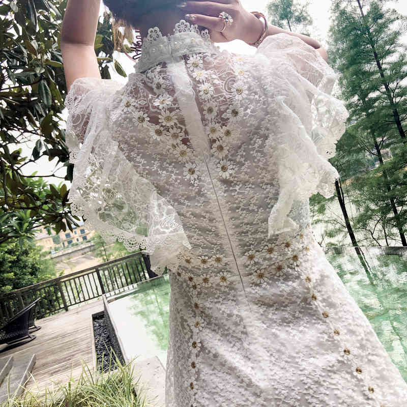 Summer Women Sexy Embroidery Hollow Out White Lace Dress Ladies High Waist Short Sleeve Dress Elegant Party Vestidos 210518