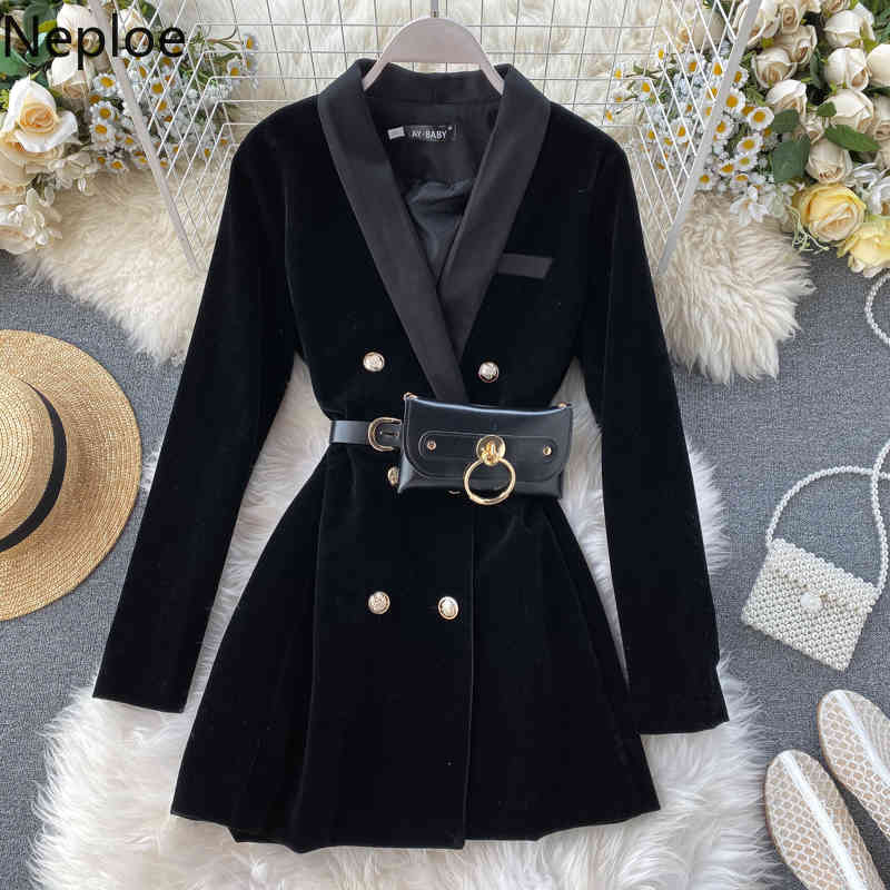Neploe Velvet Eleganr Women Jacket Black Double Breasted Elegant Black Mujer Chaqueta Spring Clothes with Belt Femme Coat 210422