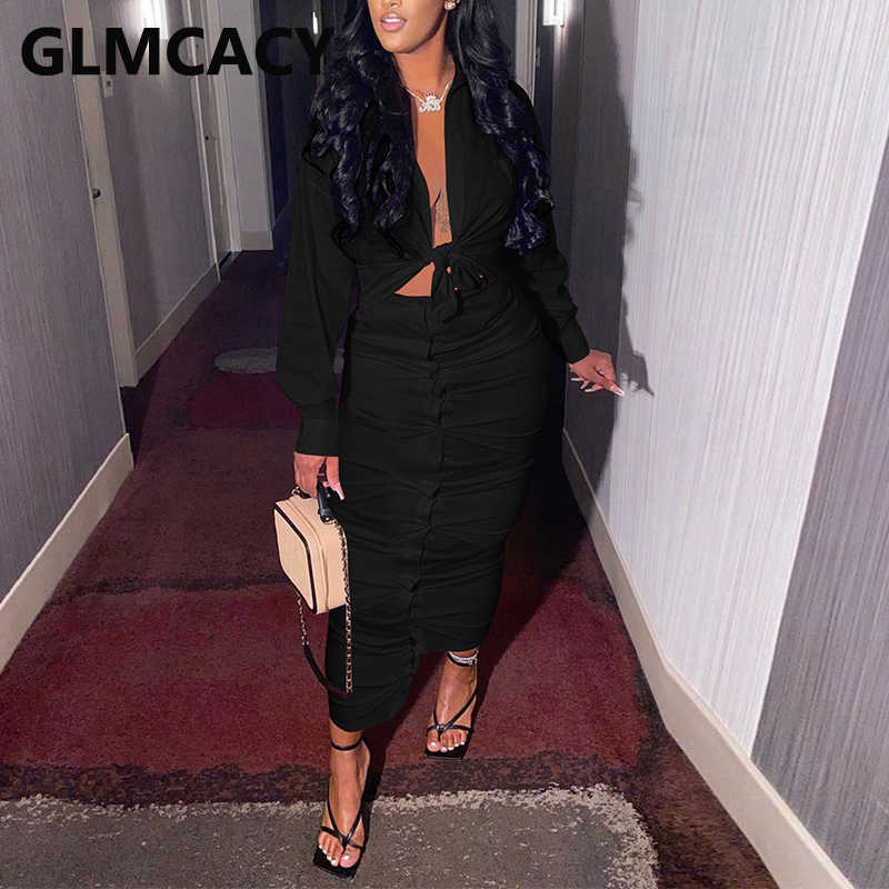Two Piece Casual Dress Suits Long Sleeve Tie Front Shirt & Button Down Maxi Skirt Set 210702