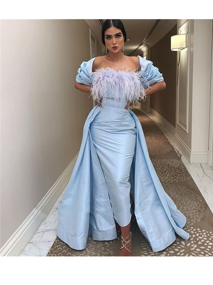 Elegant Light Sky Blue Tea-Length Sheath Formal Evening Dresses With Detachable Skirts Feather Satin Prom Pageant Dress Off Shoulder Women Special Occ