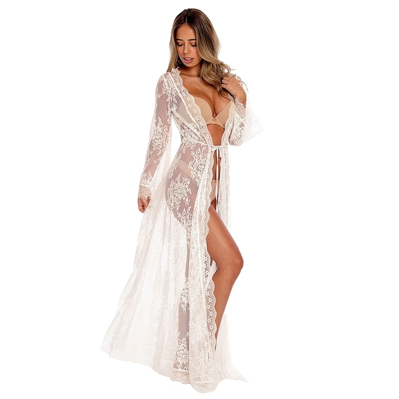 Lingerie Bathrobe Women Erotic Nightgown Plus Size Long Sleeves Floral Sleepwear Sexy Girls See Through Lace Kimono Robe 210831