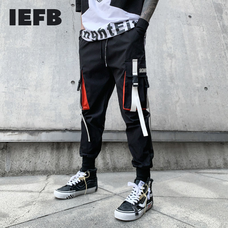 IEFB Men's Casual Pants Functional Style Elastic Waist Workwear Black Streetwear Fashion Trousers Spring Summer 9Y6640 210524