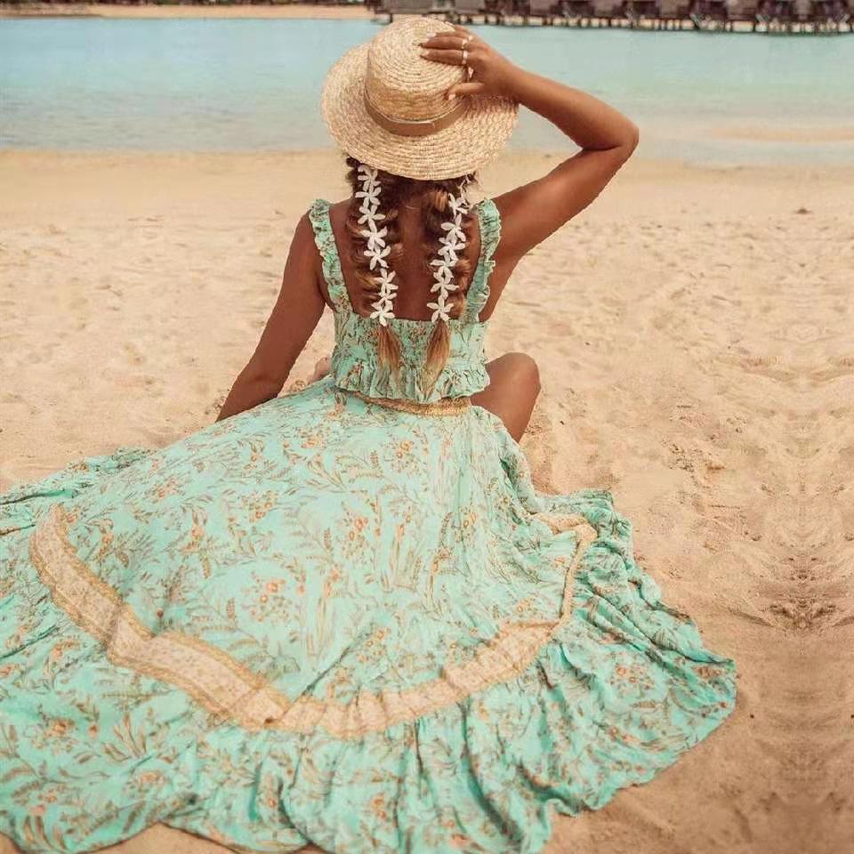 Floral print women summer dress 2 pieces set beach wrap maxi long sleeve casual holiday boho 210415