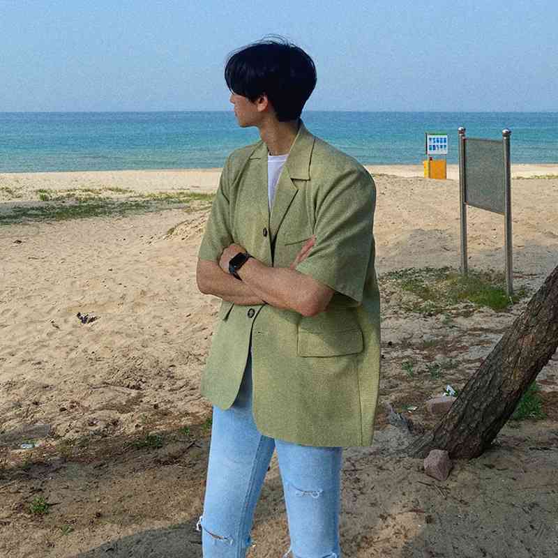 IEFB Casual Short Sleeve Suit Coat For Men Korean Trend Green Blazer Summer Men's Clothing Casual Streetwear Notched Collar 210524