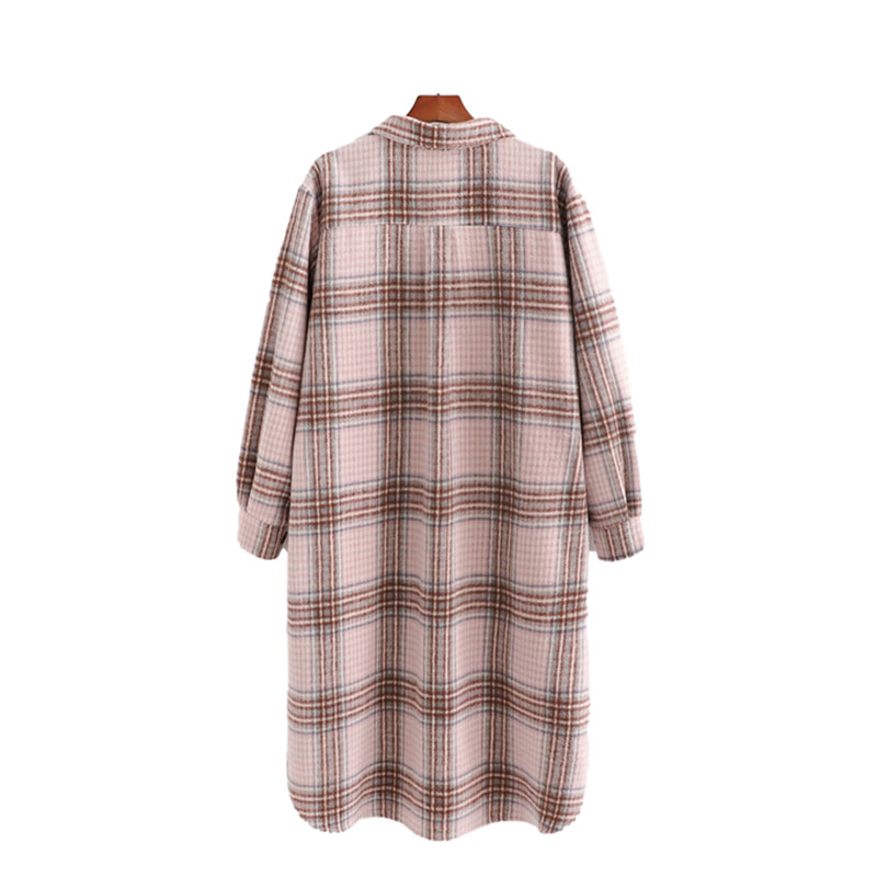 Vintage Woman Loose Light Pink Plaid Long Woolen Shirt Coat Autumn Winter Fashion Soft Outwear Female Casual Jacket 210515