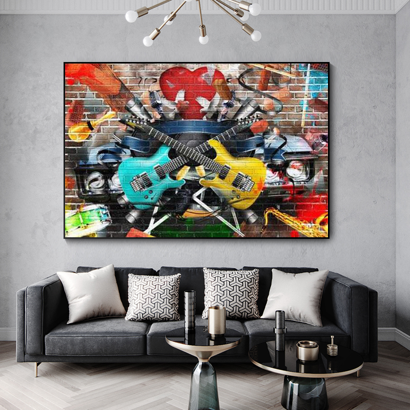 Collage of Music Wall Art Color and Bright Musical Wall Decor Graffiti Large Canvas Print Retro Car Gitars Wall Art Drums Poster
