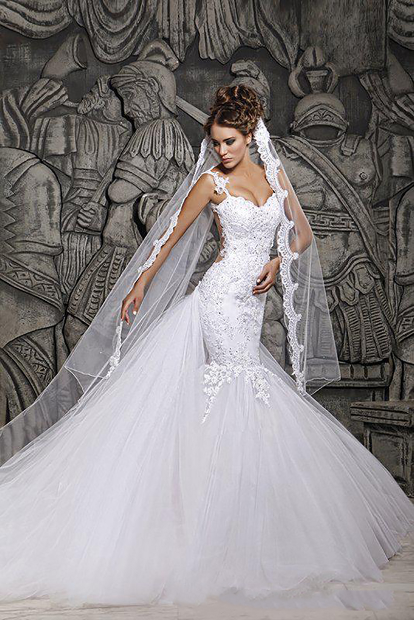 Custom Made 2021 Beautiful Court Train Illusion Transparent Back Beaded Lace Mermaid Spring Wedding Dresses Bridal Gowns 0509