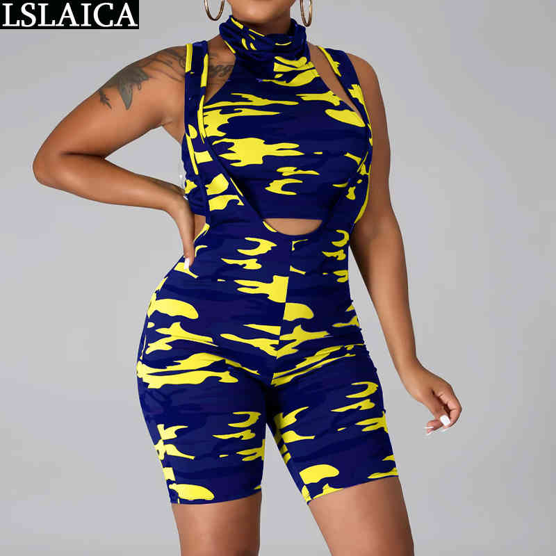 Crop Tops Tracksuit Women Camouflage Print Halter Sleeveless 2 Piece Sets Womens Outfits Short Pants Sport Conjunto Mujer 210520