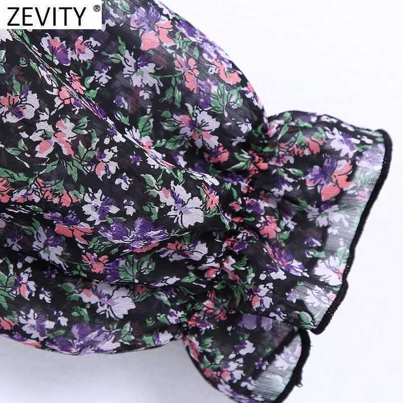 Zevity Women Vintage V Neck Floral Print Chiffon Smock Blouse Office Lady Cascading Ruffle Short Shirts Chic Blusas Tops LS7409 210603