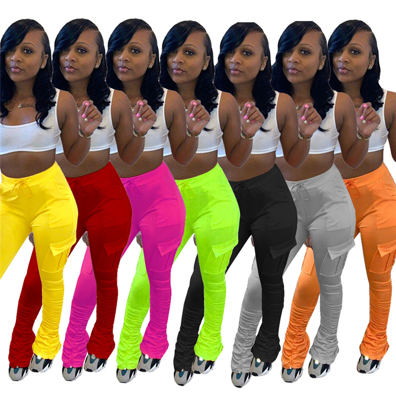 Wholesale Women Sports Pants High Waist Flare Pants Casual Solid Long Trousers plus size 2XL Fall Winter clothes Stacked Leggings with Pockets running