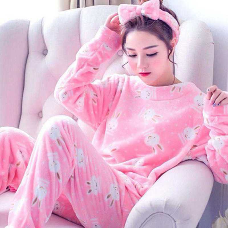 Pajamas for Women Winter Flannel Long-sleeved Sleepwear Coral Fleece 2-piece Home Service Cartoon Nightgown Plus Size Lingere 210924