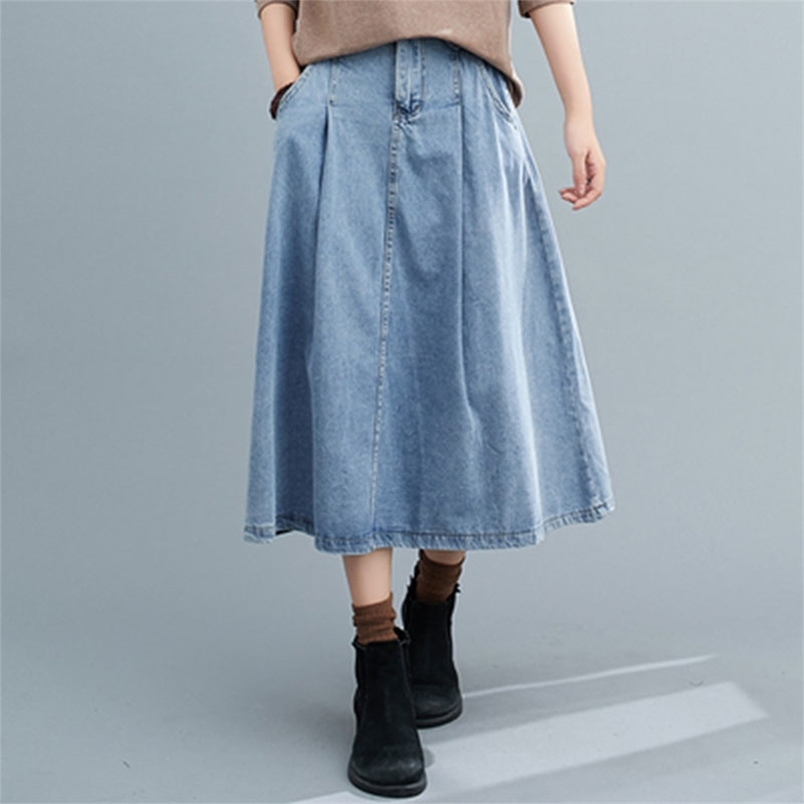 Autumn Arts Style Women High Waist Cotton Denim Skirts All-matched Casual Vintage A-line Long Skirt Plus Size M647 210512