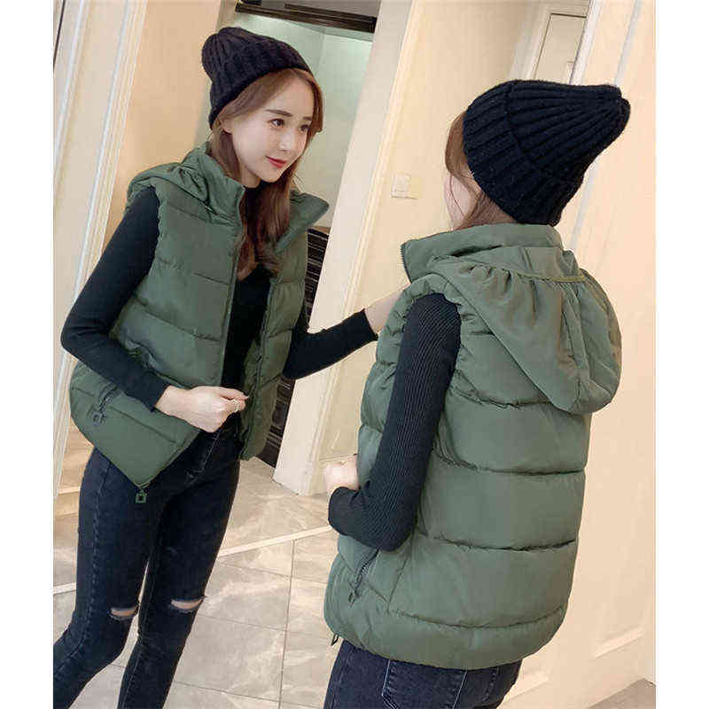 Autumn Winter Down Cotton Vest Women Short Slim Small Girls Students Hooded Sleeveless Coat Korean Chic Pink Outwear H702 211120
