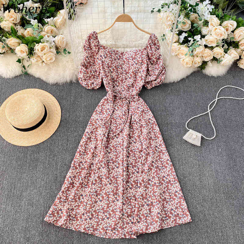 Women Floral Print Dress Summer Sexy Square Collar Korean Chic Dresses Ladies Elegant Vintage Midi Vestido De Mujer Robe 210519