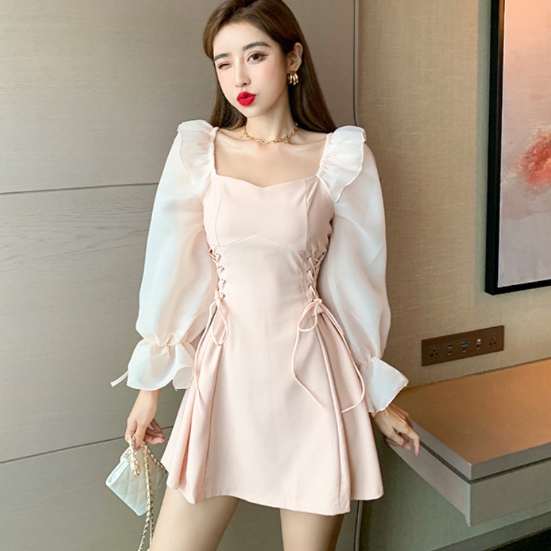Spring Women Eleagnt Slim Dress Vintage Waist Bandage Tie Cross Fashion Ruffles Sweet Mini Vestidos 210519