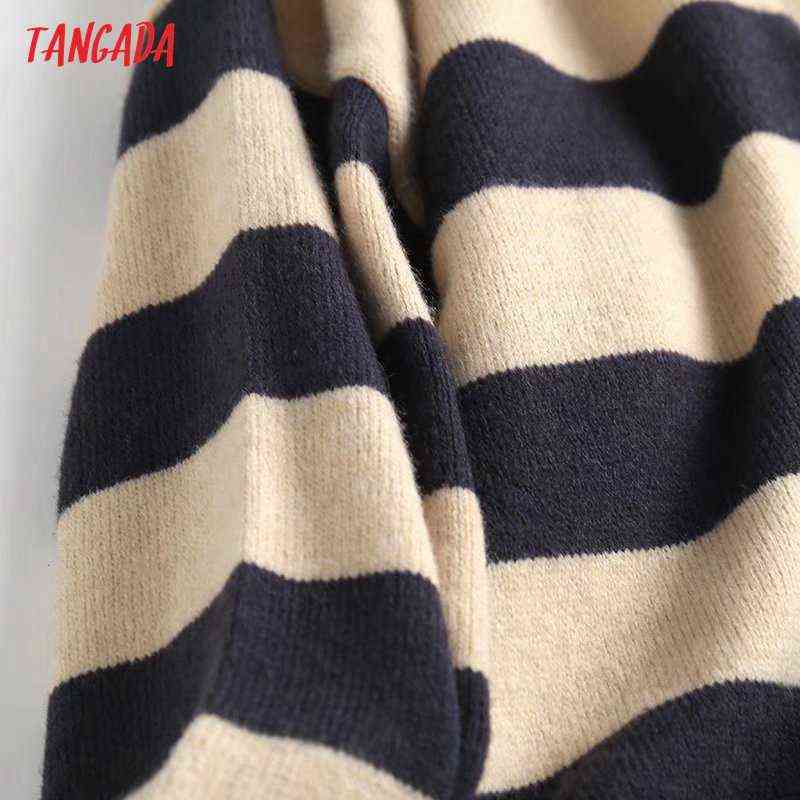 Tangada Women Fashion Striped Knitted Sweater Jumper Female Elegant Oversize Pullovers Chic Tops 4C175 211109