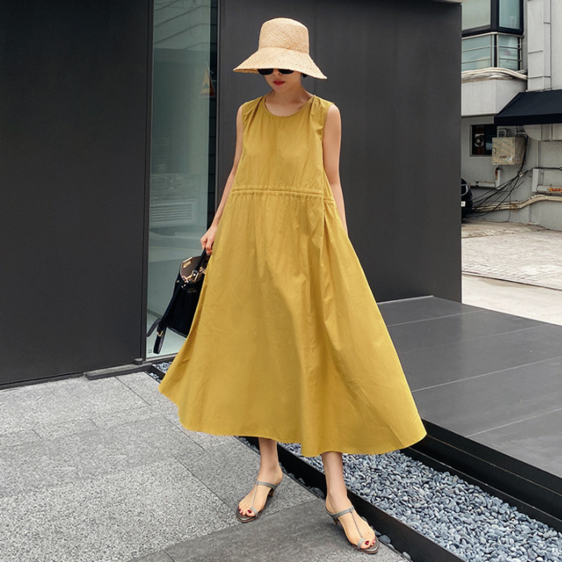 Casual Sleeveless Solid Color Drawstring Round Neck A-E Midi Dress