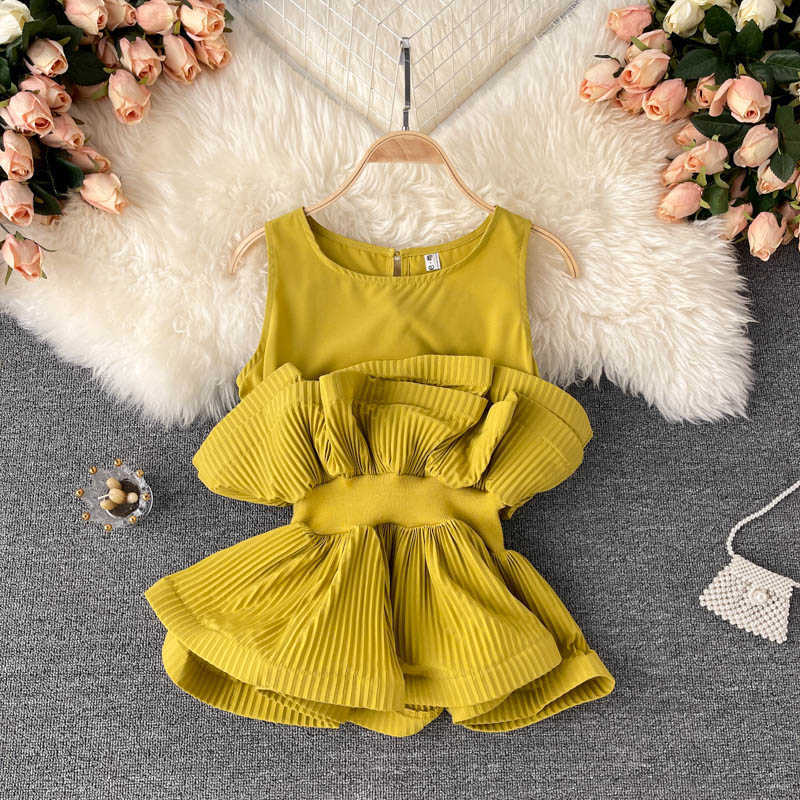 Ins Fashion Women's Bouse Summer Chic O-neck Sleeveless Stylish Pleated Ruffles Short Top Slim Elastic Waist Female Blouse 210603