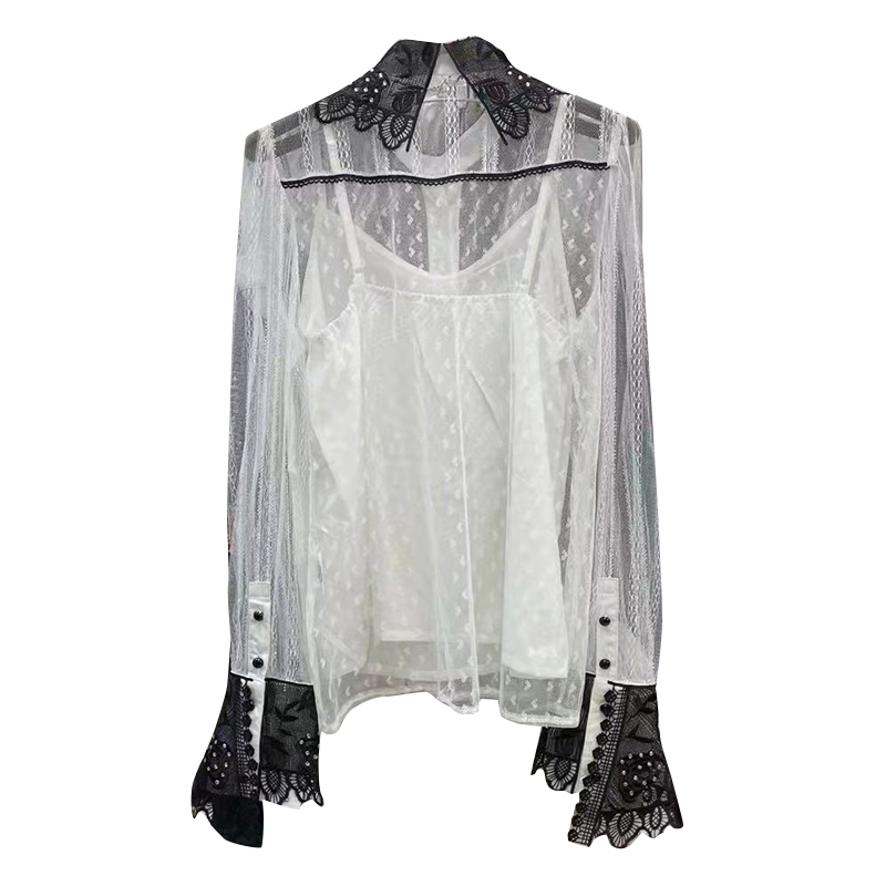 Vintage Patchwork Lace Shirt For Women Lapel Long Sleeve Casual Hit Color Slim Blouse Female Fashion Clothing 210524