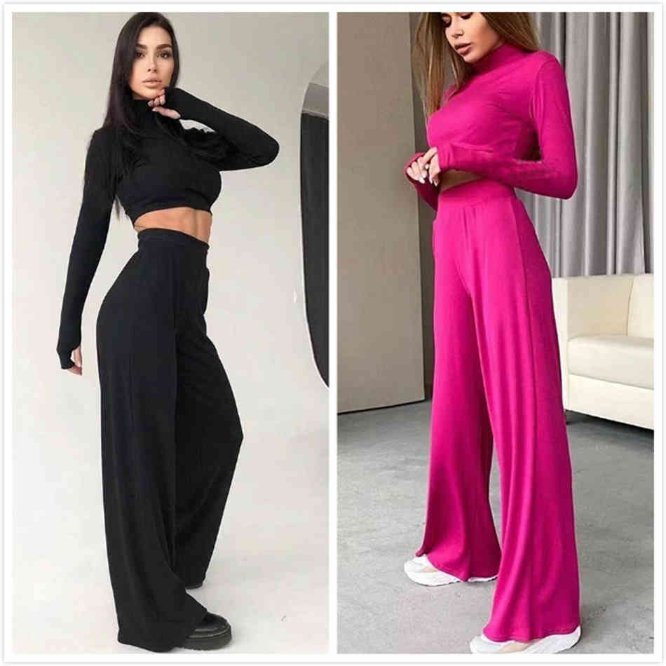 Free Women's Rib Knit Suit Casual High Neck Long Sleeve Turtleneck Short Top & Wide Leg Pants Two-Piece Set 210524