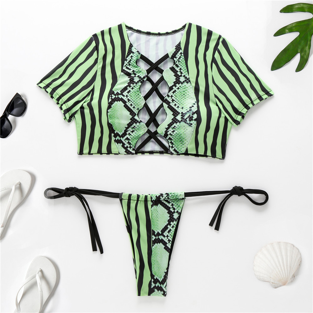 Swimwear Women Short Cap Sleeve Snake Print Bikini Female Swimsuit Stripe Two Pieces String Thong Biquini Set Bathing Suit 210520