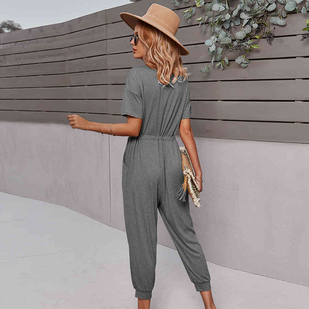 women solid jumpsuits Casual V-neck short sleeve Summer female elastic waist slim summer 210524