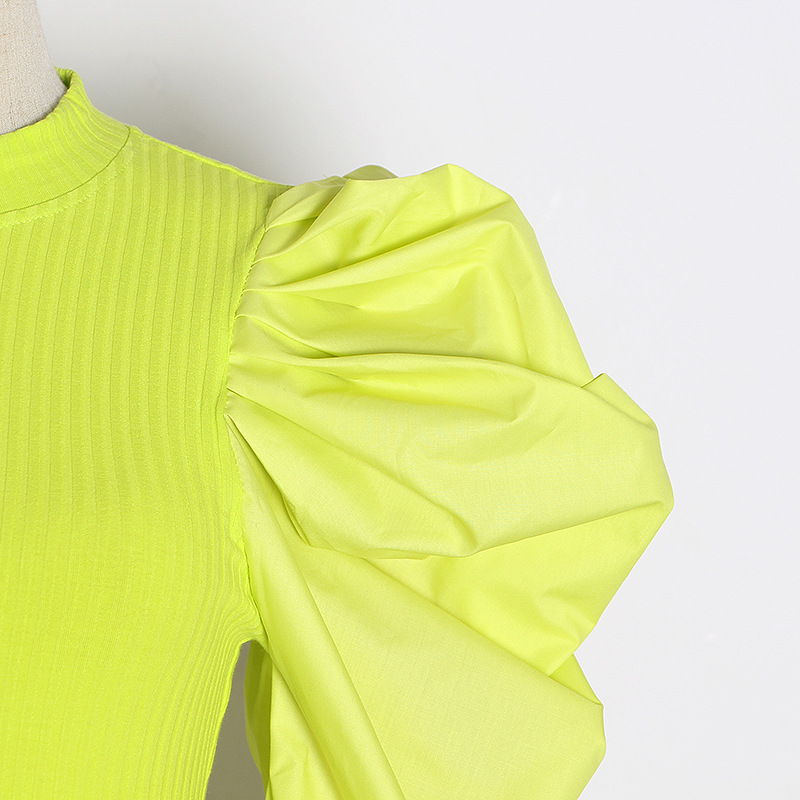 O Neck Chic Puff Long Sleeve Knit Patchwork Pullovers Spring Woman Tops Solid Elegant All-match Slim Fit Sweater 210519