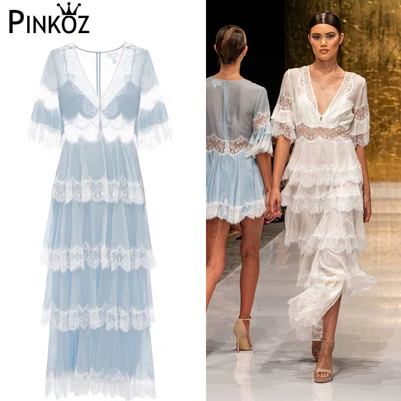 Women Long Dress Short Sleeve Holiday and Vocation Lace Hollow Out Ruffled Style Light Blue Sexy 210421