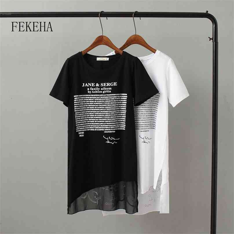 

FEKEHA Summer Long T shirt Women Letter Black White T-shirt Sexy Short Sleeve Thin Cotton Tops Tees Female Tshirt 210720