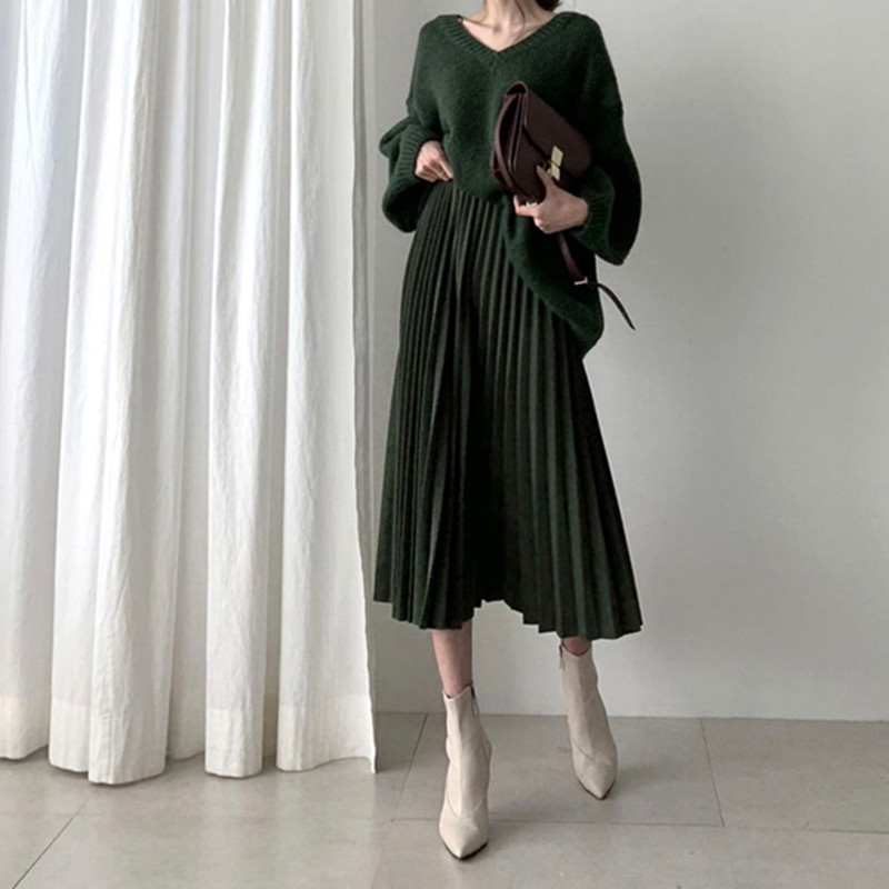 Spring Autumn High Waist Vintage Solid Pleated Skirt Female OL Elegant Fashion All-match Long Skirts Womens 210421