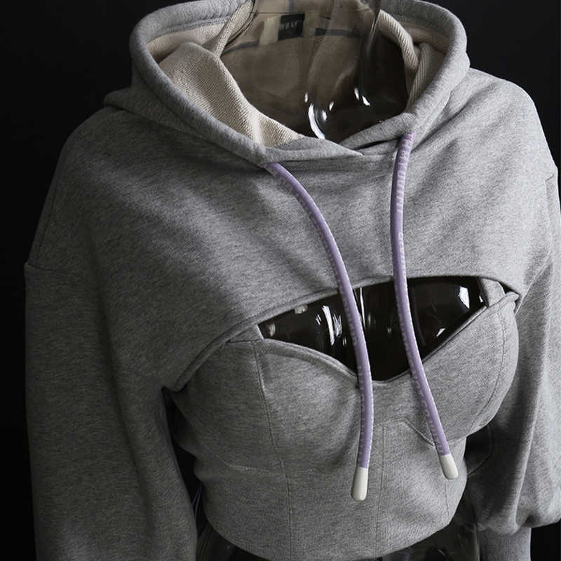 Crop Top Hoodie Women - Stylish Hollow Out Design, Perfect For Spring/Autumn B3