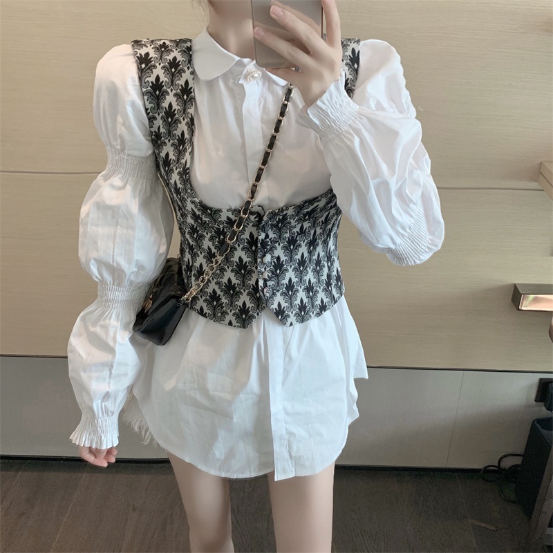 Two Pieces Set Korea Chic Turn Down Collar Puff Long Sleeve White Shirt + single-breasted Vest Sweet Suit Women 210519