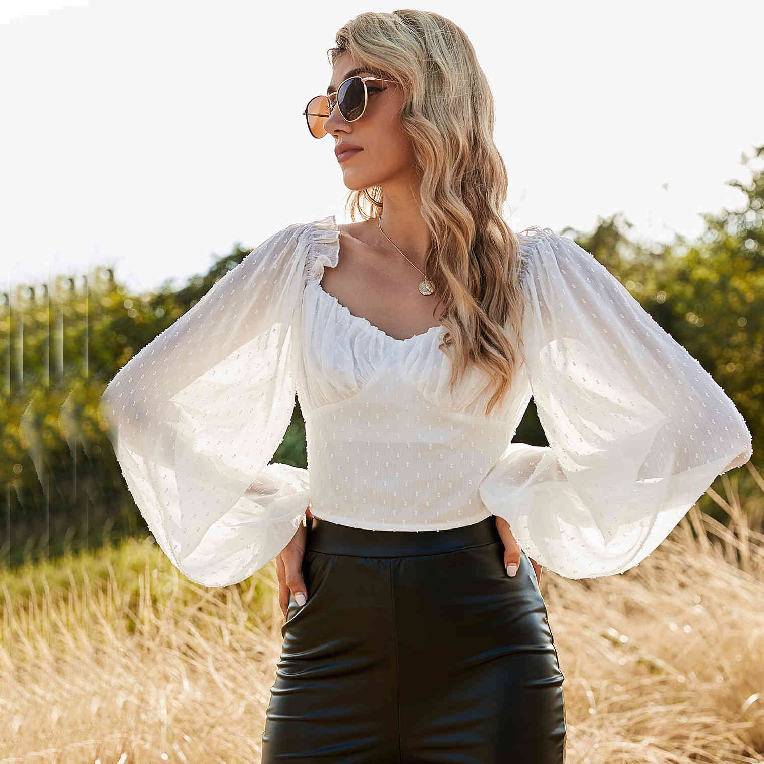 Spring V-Neck Lantern Sleeves Thin Slim White Solid Gauze Casual Pullover Women's Blouse 210524