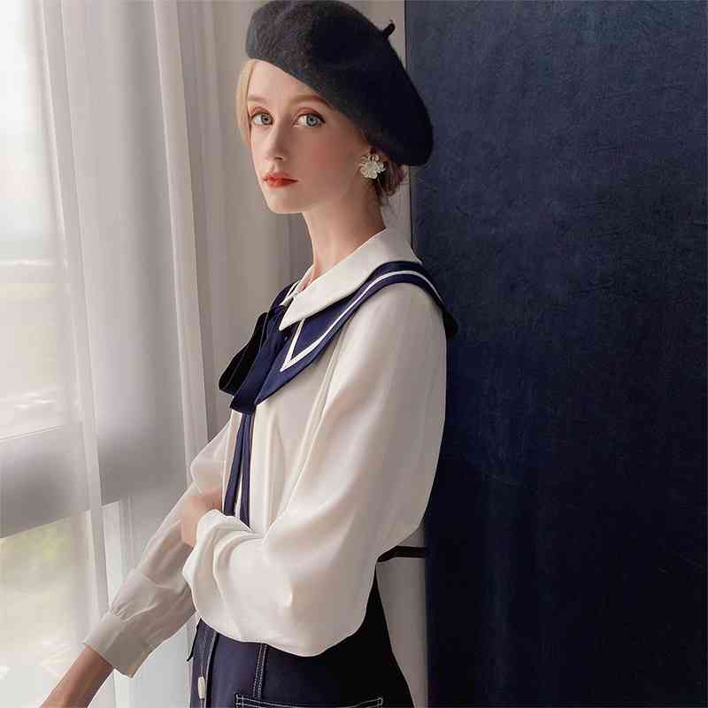 Dabuwawa Preppy Style Sailor Collar Blouse Women Autumn Spring Long Sleeve Patchwork Bow Shirts Tops Female Girlish DT1CST036 210520