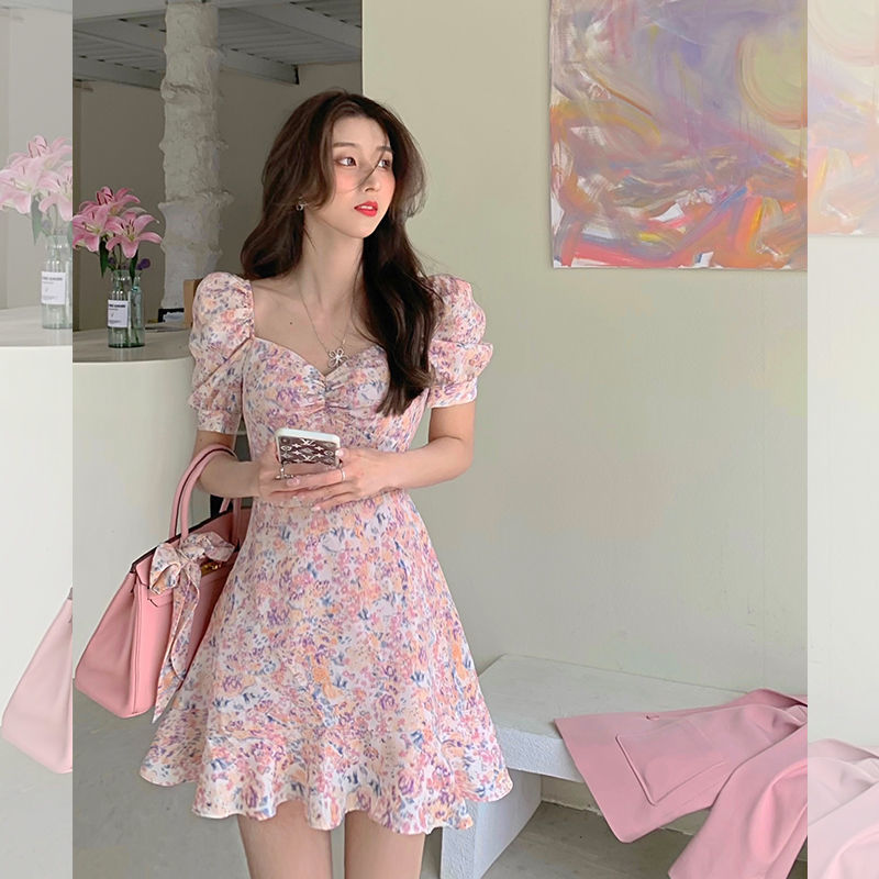 Square Collar Yellow Mini Dress Women Short Sleeve Sweet Floral Printed Dress Beach Elegant Dress Korean Summer 210521