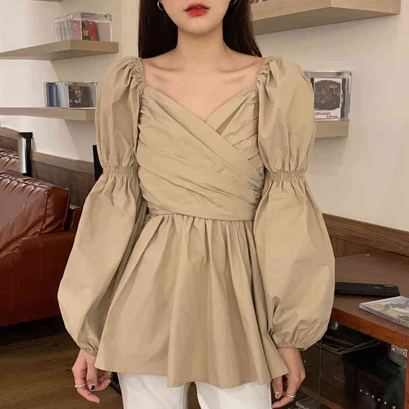 Nomikuma Vintage Elegant V-neck Blouse Shirt Causal Cross Pleated Slim Waist Women Tops Spring New Puff Sleeve Blusas 6E025 210427
