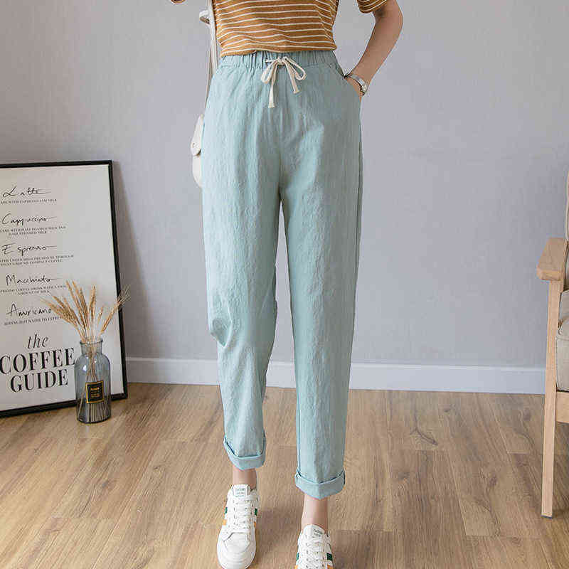 Women Casual Harajuku Long Ankle Length Trousers Summer Autumn Large Solid Elastic Waist Cotton Linen Pants Black 211115