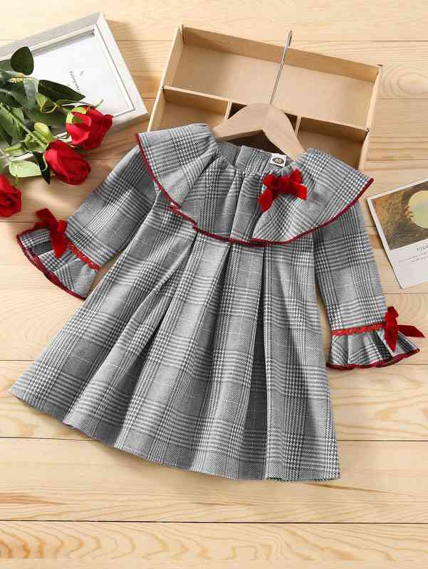 Baby Glen Plaid Bow Detail Ruffle Trim Flounce Sleeve Pleated Dress SHE