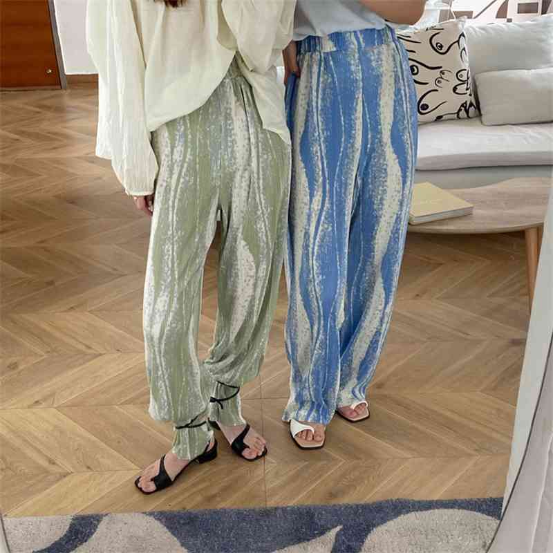 Rendering Women Fashion Wide-Leg Pants Summer Pleated Chic Trousers Korean Ladies Thin Striped Elastic High Waist 210520